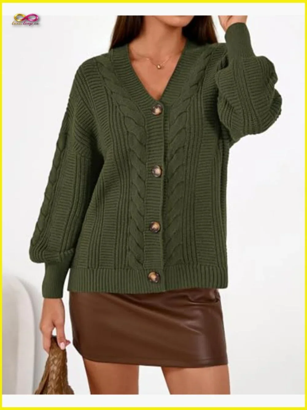 V Neck Long Sleeve Chunky Cable Knit Button Cardigan Sweater Oversized - Picture 4 of 7